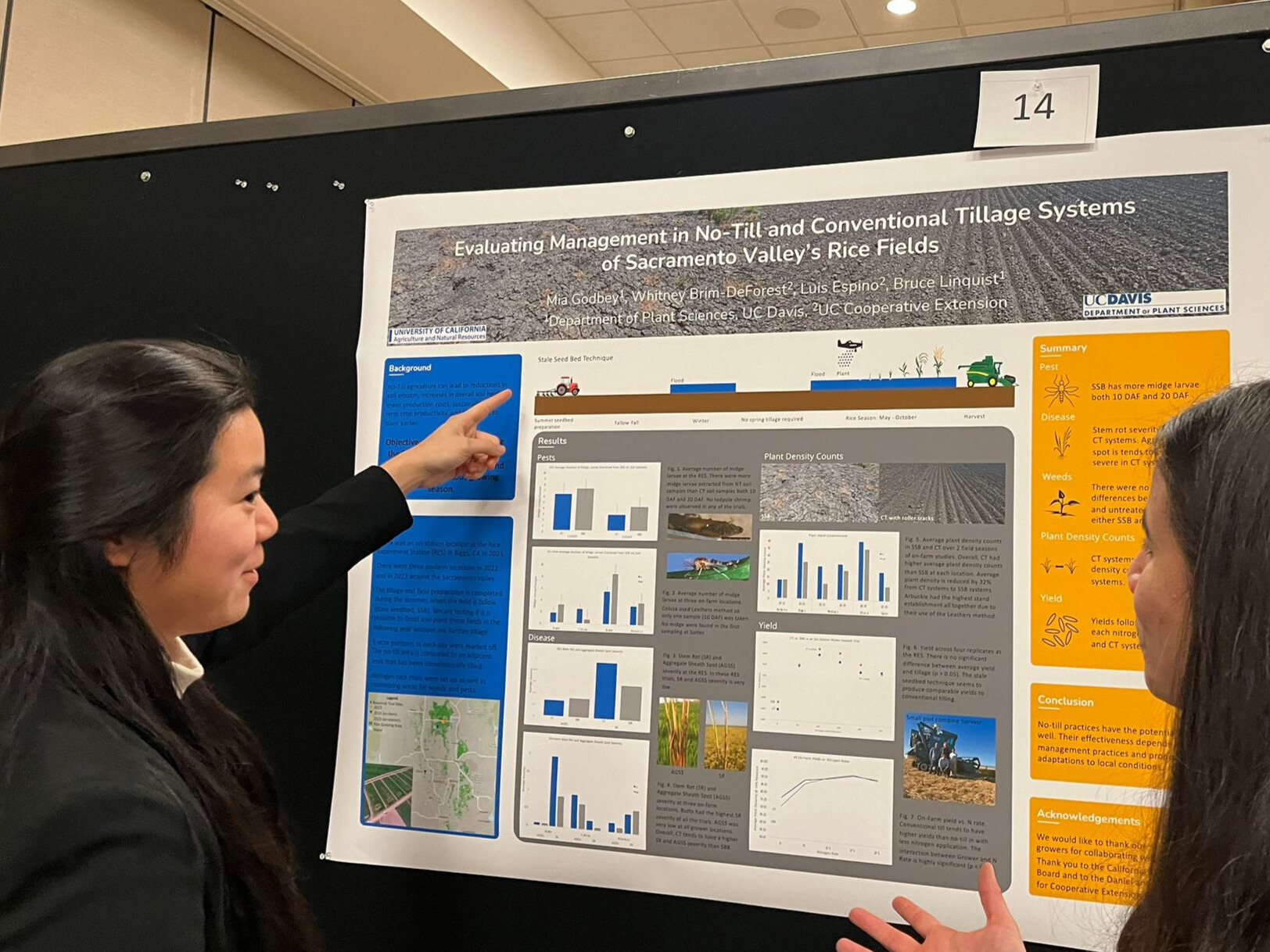 Young woman with a scientific poster that reads, ‘Evaluating Management in No-Till and Conventional Tillage Systems of Sacramento Valley’s Rice Fields”