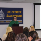 Professor Gail Taylor, Plant Sciences, UC Davis, speaks to policy-makers and others at UC Center Sacramento about climate change impacts on agriculture. (photo UC Center Sacramento)